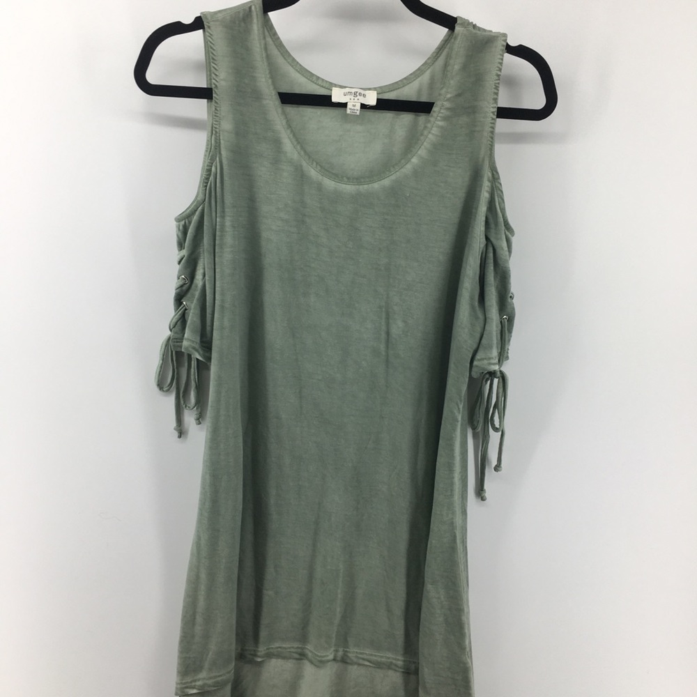 Umgee Sage Cold Shoulder Top With Laced Sleeves